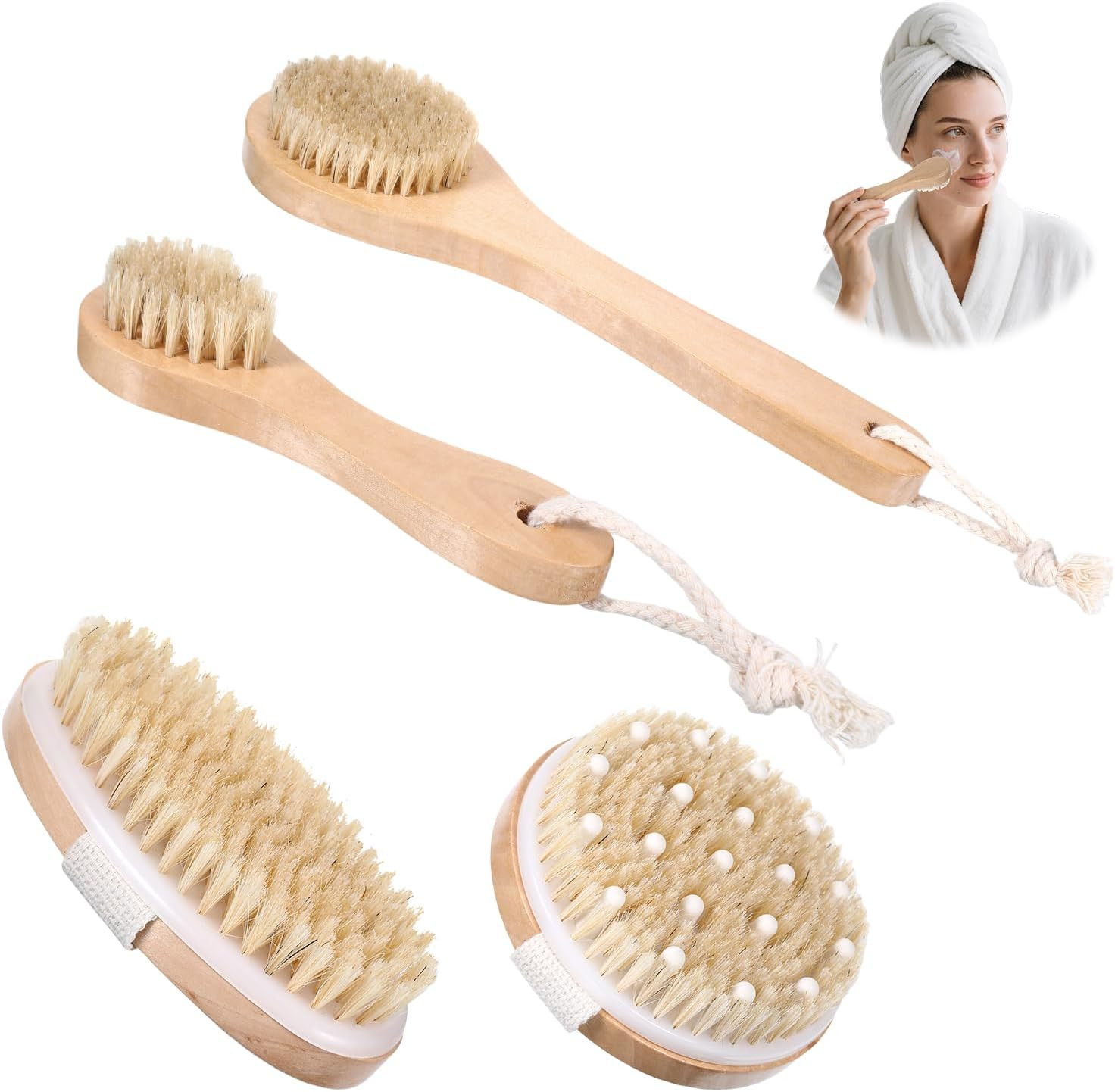 4Pcs Dry Brushing Body Brush Set, Dry Brush Natural Bristle for Back Massage Lipedema Shower Lymp... | Amazon (US)