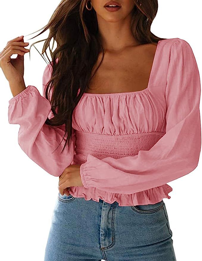 CNJFJ Women's Sexy Frill Smock Crop Top Retro Square Neck Long Sleeve Shirred Blouse Tops | Amazon (US)