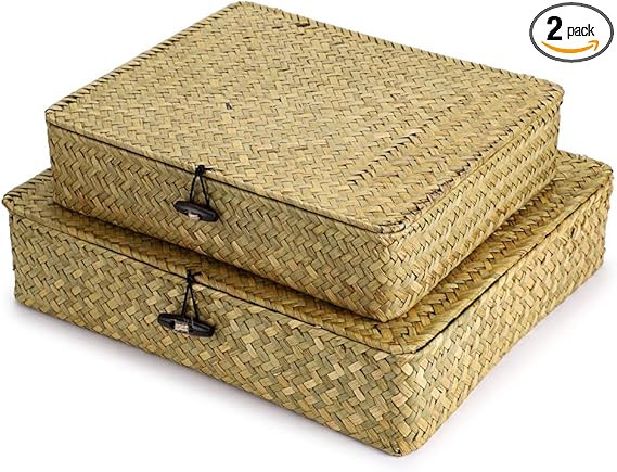 Hipiwe Natural Seagrass Storage Bins with Lid, Woven Wicker Basket Boxes Home Organizer Bins Shel... | Amazon (US)