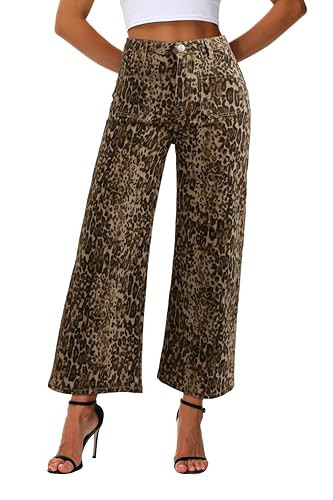 Genleck Women's Wide Leg Jeans – Trendy Cropped Loose Jeans High Waisted Stretchy Capri Denim Pants Baggy Trousers 2025 (Leopard Print, 12) | Amazon (US)