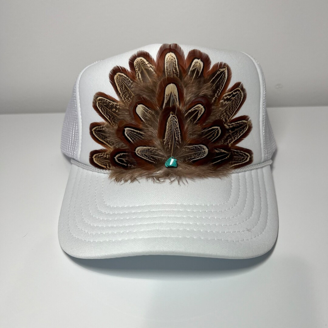 FEATHER Trucker Hat Western Cowgirl Rodeo Hat Turquoise Stone White - Etsy | Etsy (US)