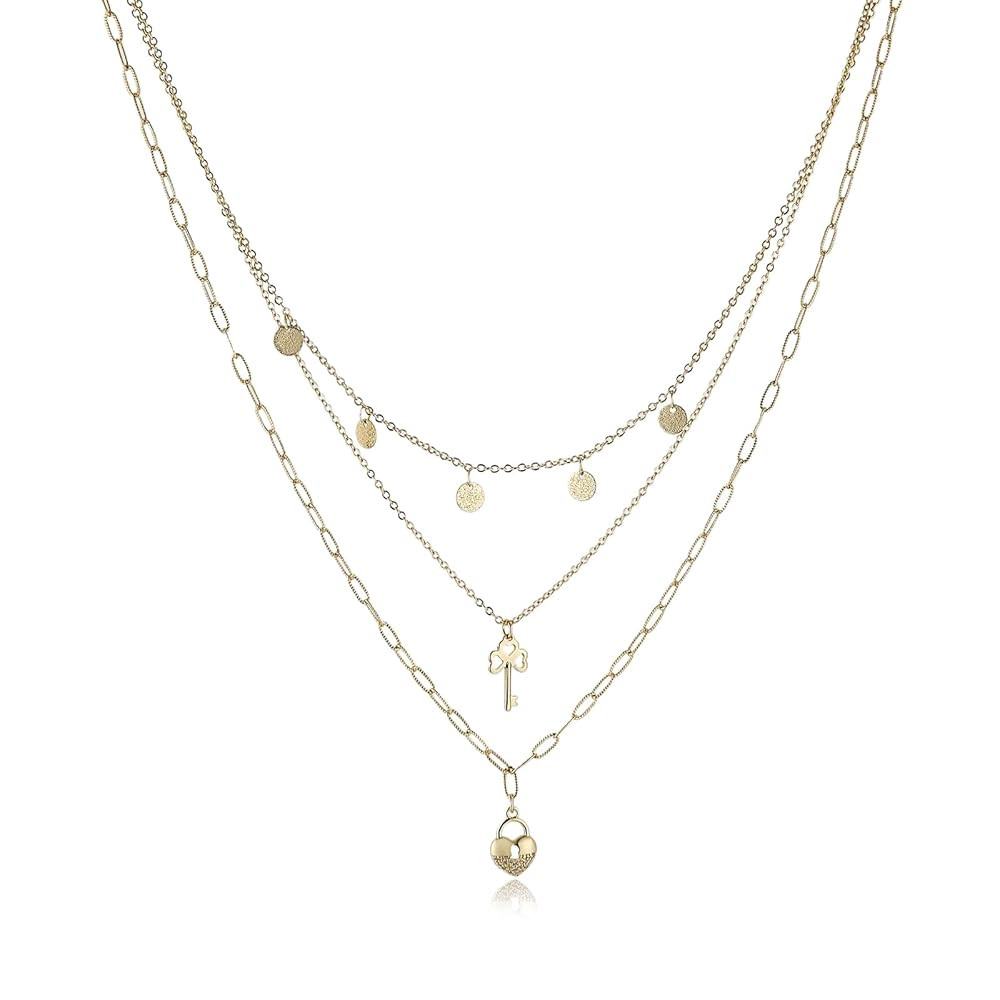 HZMAN 14K Gold Plated Layered Necklace for Women Dainty Gold Key Lock Pendant Necklace Adjustable... | Amazon (US)