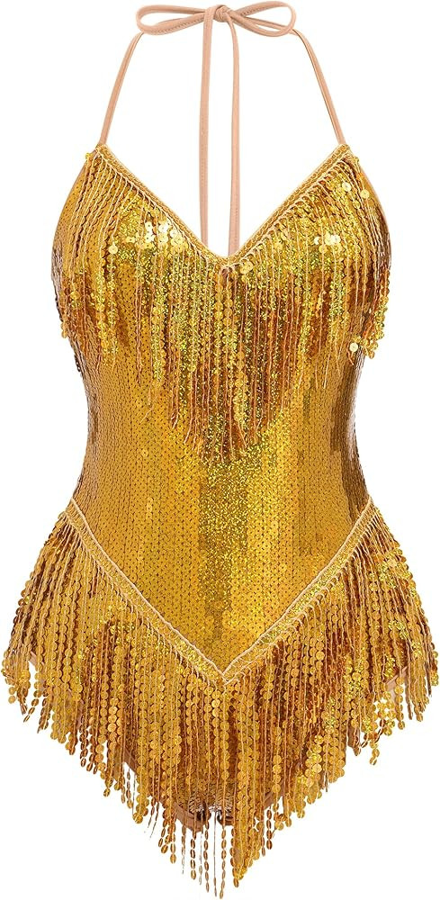 IBAKOM Sexy Sequins Fringe Bodysuit Halter Lace Up Back Jazz Latin Dance Tassel Leotard Acrobat C... | Amazon (US)