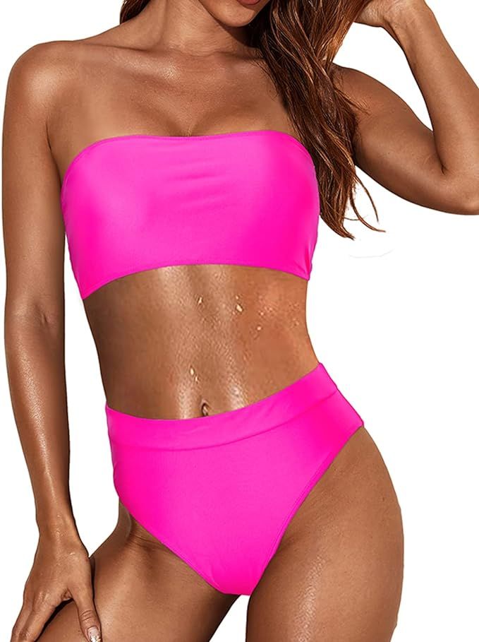 Tempt Me Women Bandeau Bikini Set Strapless Two Piece Swimsuit High Cut High Waisted Bathing Suit... | Amazon (US)