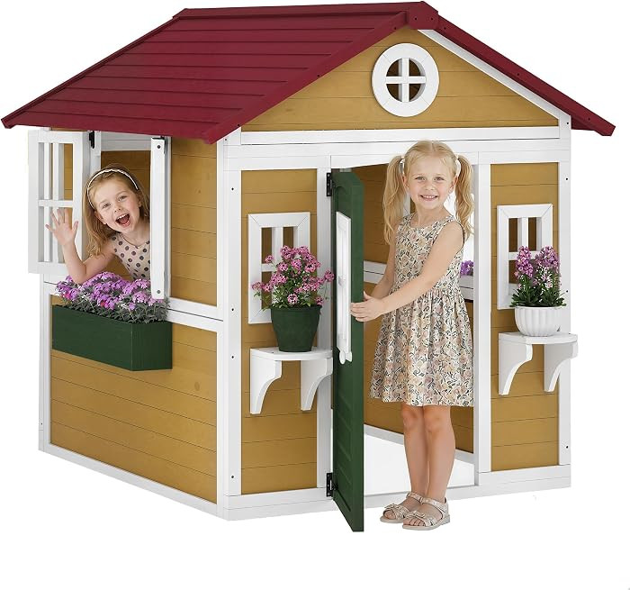 Outsunny Outdoor Kids Playhouse, Wooden Playhouse with Dutch Door, Windows, Flower Holders and Bo... | Amazon (US)