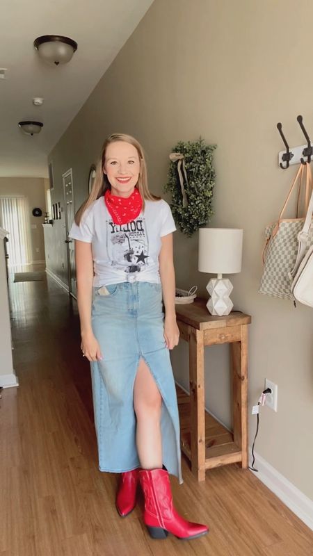 Ways to style a denim skirt! I am loving this long denim skirt from Target and I styled it for a country concert or a western look!! Western chic style! Graphic t-shirts! Cowboy boots, bandana, Dolly Parton shirt!! Country western style  

#LTKFestival #LTKshoecrush