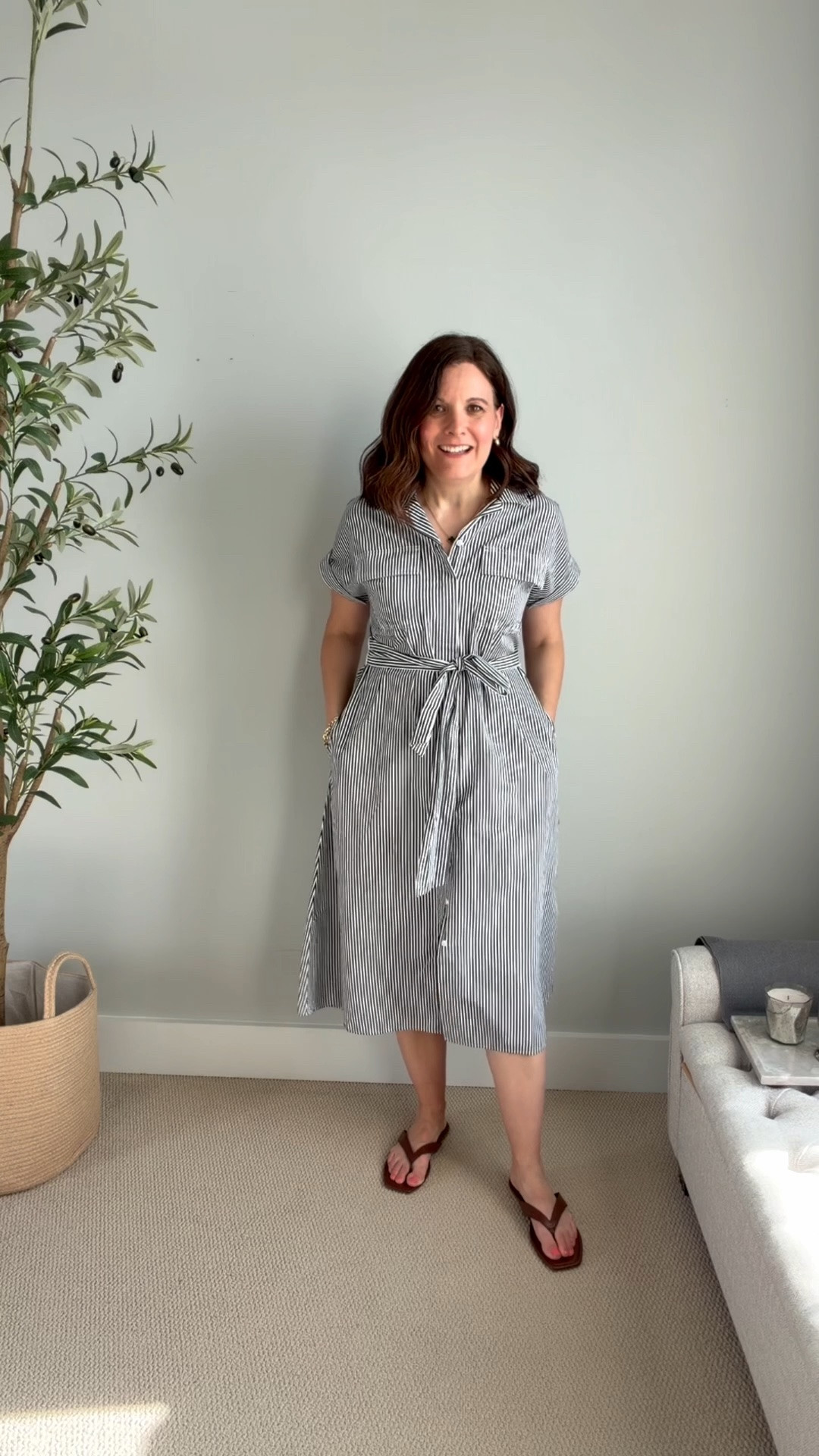 This navy stripe dress gives tons of structure thanks to the collar and button placket. I’ve been feeling like a marshmallow in some dresses lately so this is the perfect counter to that. It’s breathable cotton poplin and so comfortable. I tried a medium and it was way too big up top so I sized down to a small. Wear to work, a graduation, Mother’s Day. It’s under $60 with an extra 20% off in cart.

#LTKOver40 #LTKMidsize #LTKSaleAlert