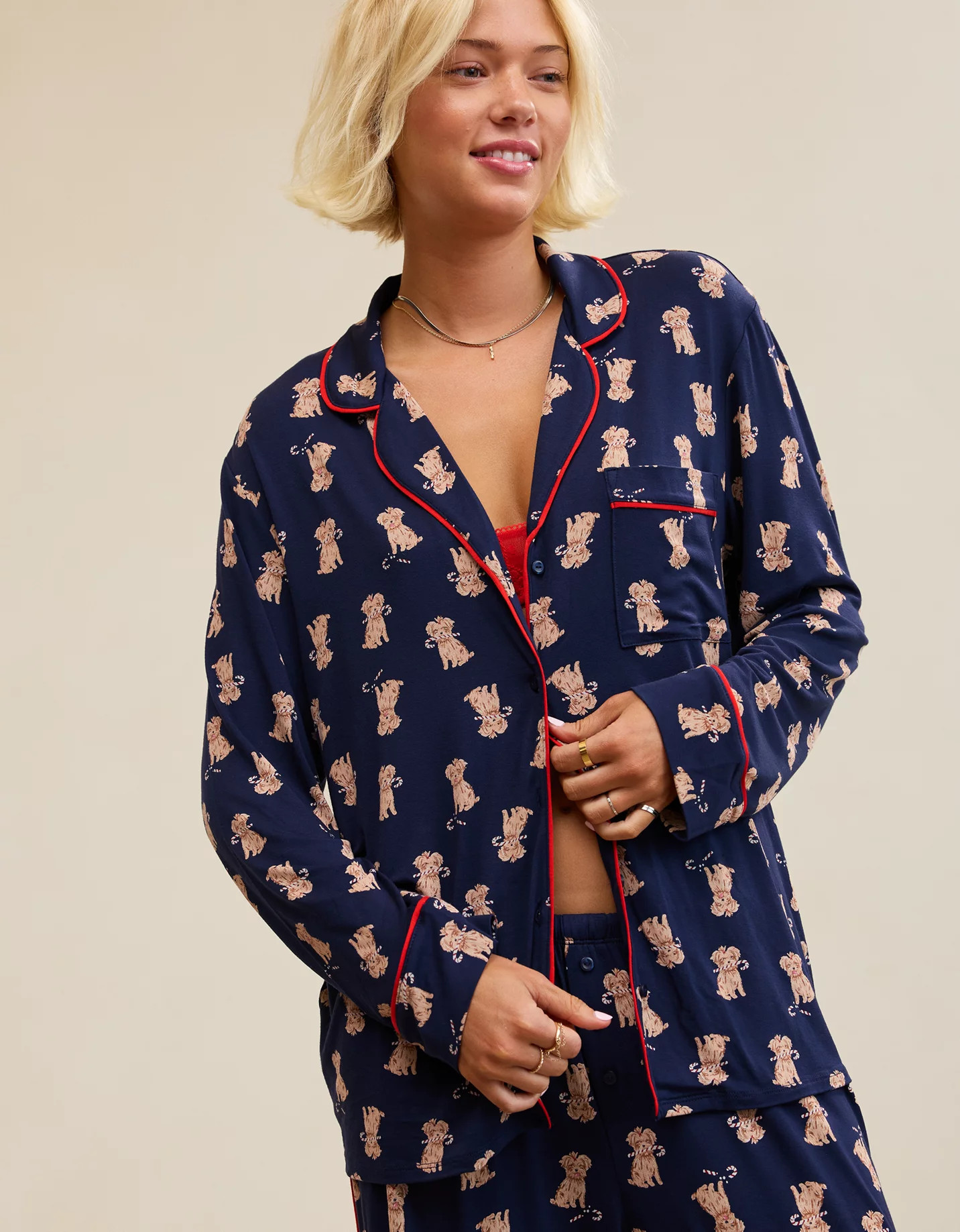 Aerie Real Soft Piping Long Sleeve PJ Top Women's Rich Navy XL | Aerie