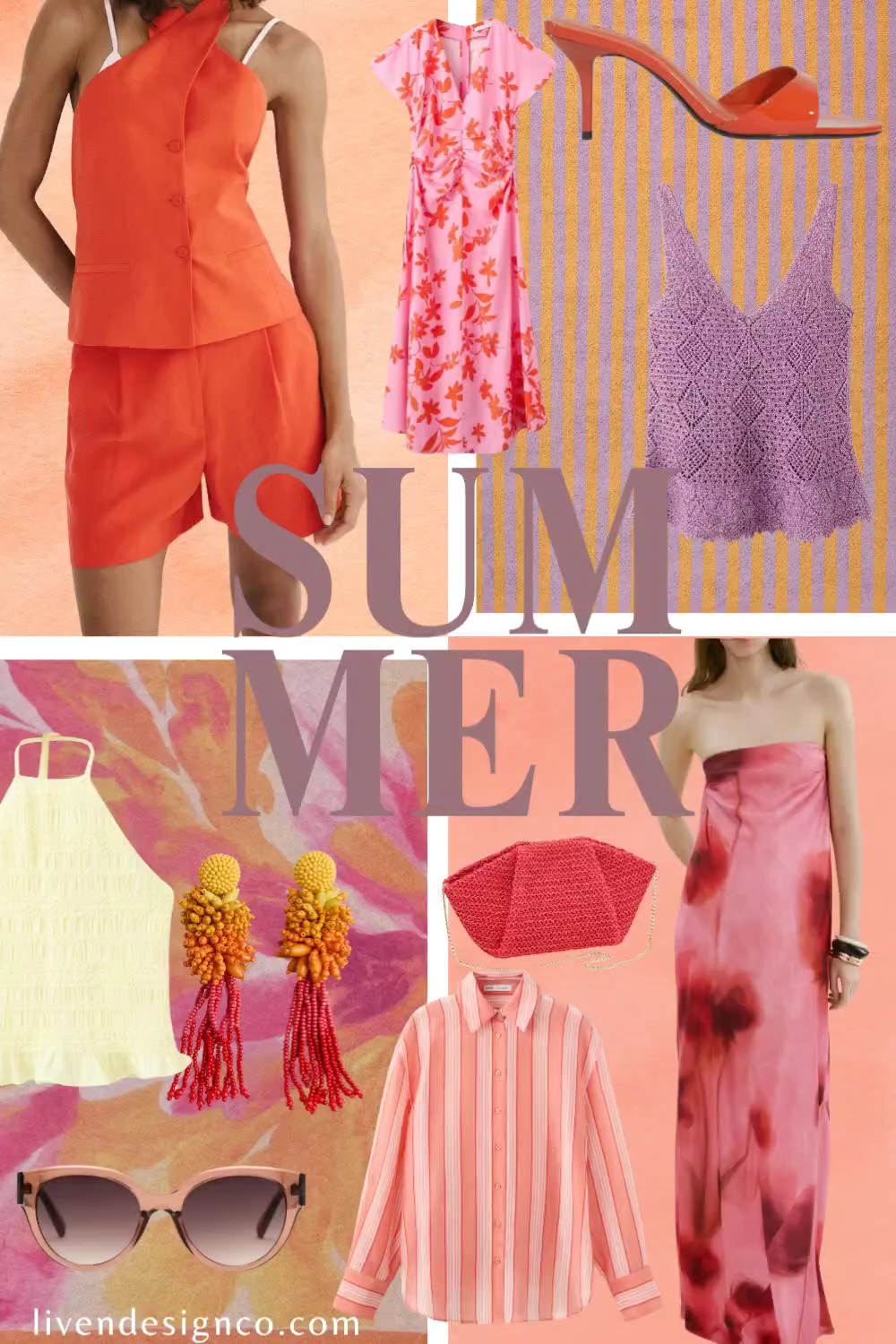 Summer fashion trends. Sunset shades. Coral. Oranges. Pink. Purple. Yellow. Crochet top. Linen shorts. Strapless dress. Floral dress. Statement earrings. Raffia bag. Heels. Style inspiration 

#LTKSeasonal #LTKSaleAlert