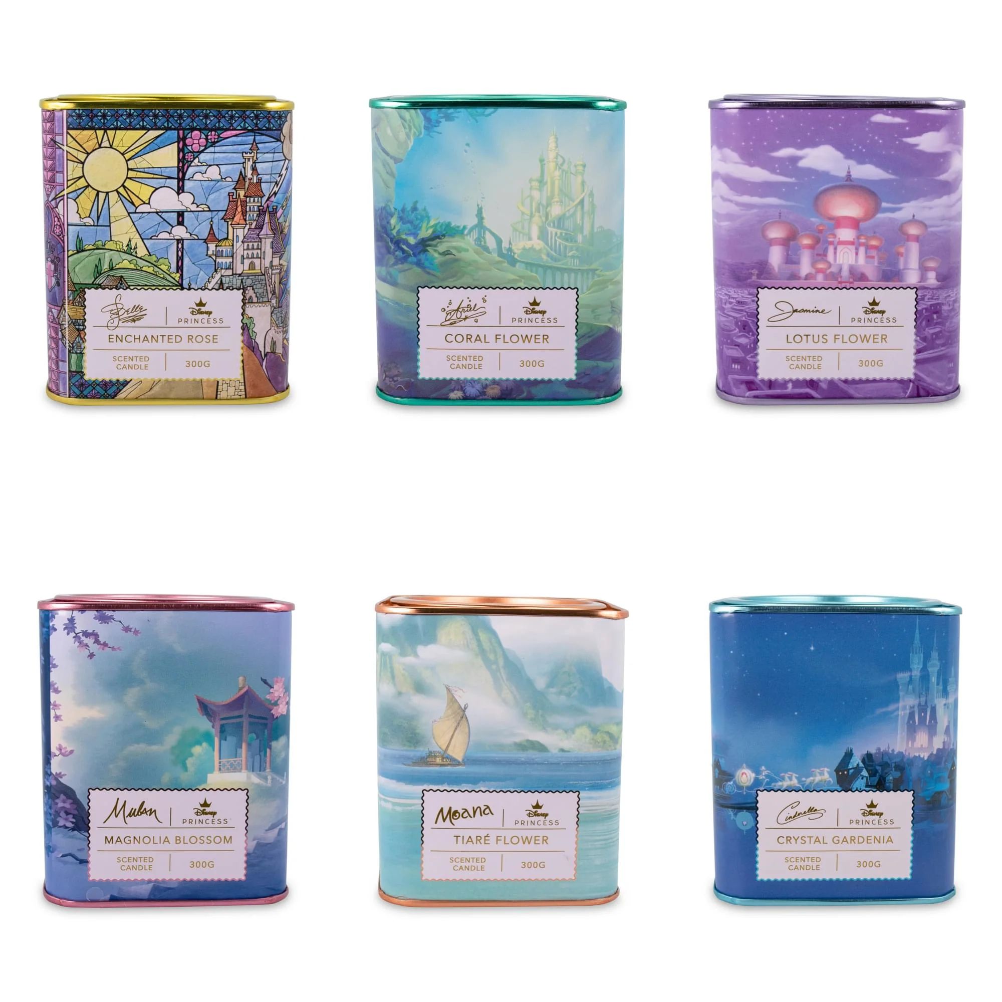 Disney Princess Home Collection 10.5oz Tea Tin Candle Set of 6 | Toynk