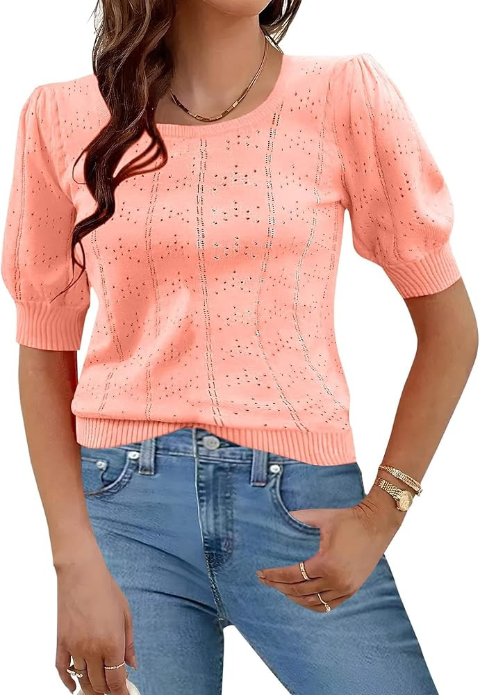 HOTOUCH Sweater for Women 2024 Fall Trendy Puff Tops Casual Eyelet Knit Square Neck Tunic Shirt B... | Amazon (US)