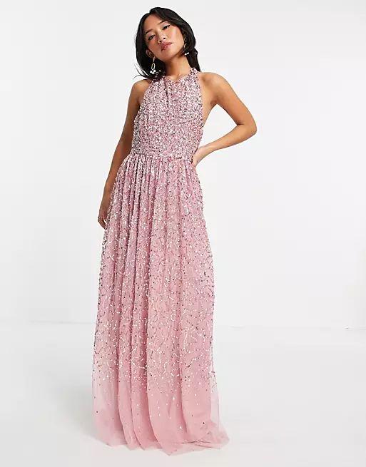 Maya Petite halterneck open back all over sequin maxi dress in rose pink | ASOS (Global)