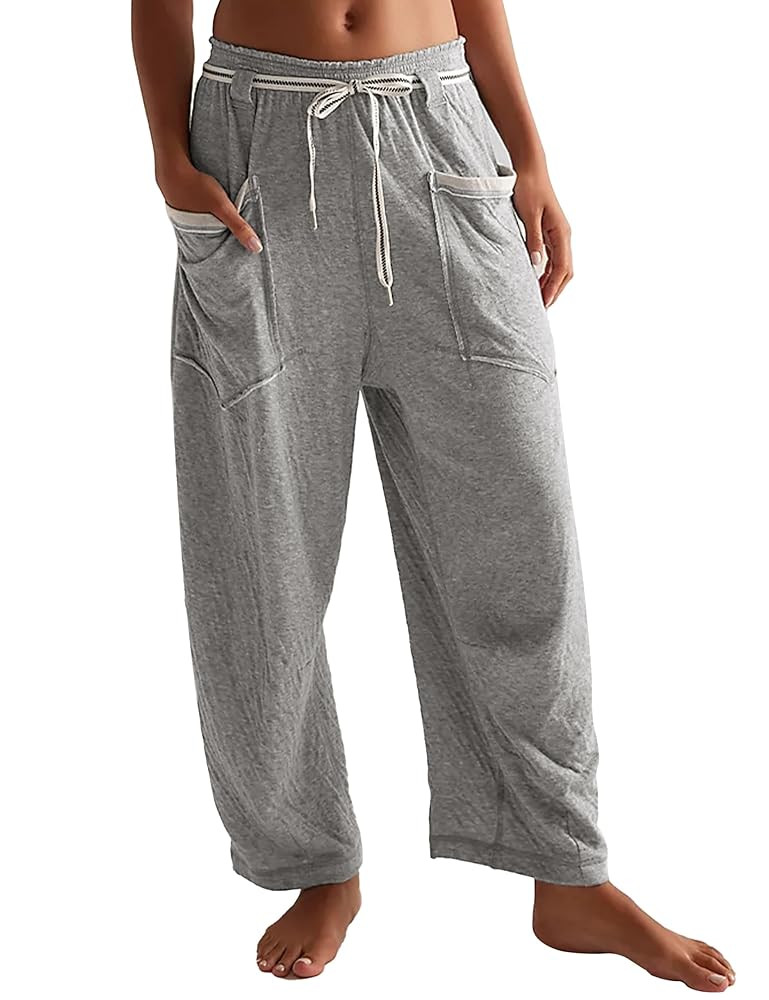 Womens Barrel Pants Drawstring Wide Leg Lounge Sweatpant Casual Baggy Trousers with Pockets | Amazon (US)