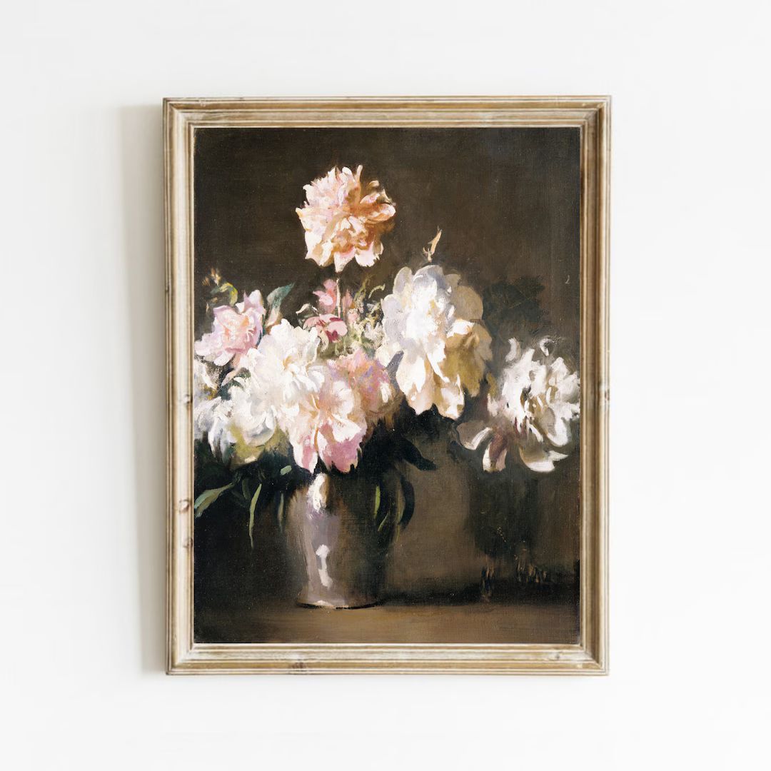 Vase of Peonies Painting, Vintage Still Life Print, Moody Floral Art, Antique Pink Flower Oil Pai... | Etsy (US)