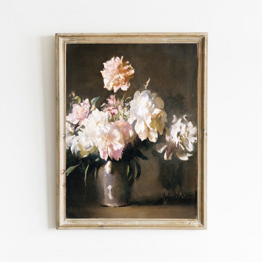 Vase of Peonies Painting, Vintage Still Life Print, Moody Floral Art, Antique Pink Flower Oil Pai... | Etsy (US)