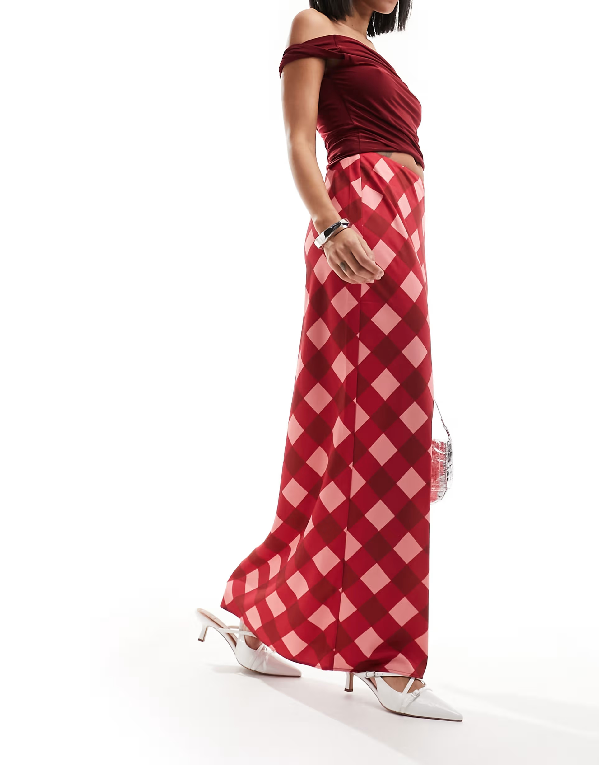 The Frolic satin maxi skirt in red and pink check | ASOS (Global)