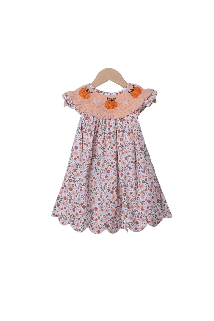 Smocked Pumpkin and Pearls Harvest Floral Dress | The Smocked Flamingo
