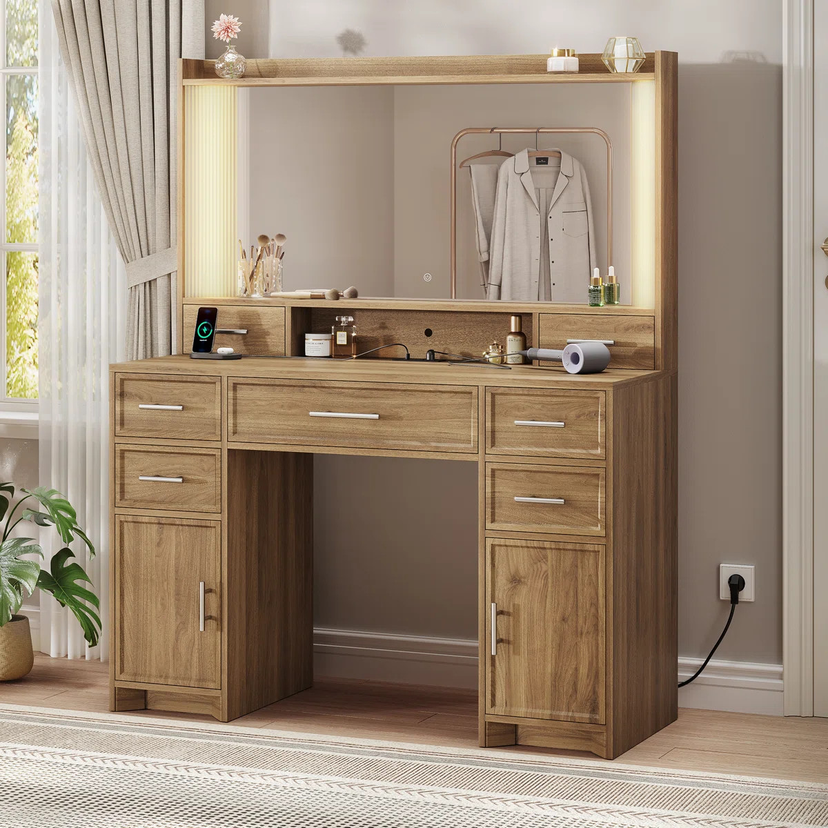 Vanity Desk With Lights & Large Mirror, Makeup Vanity Table With Charging Station, 3-color Lightb... | Wayfair North America