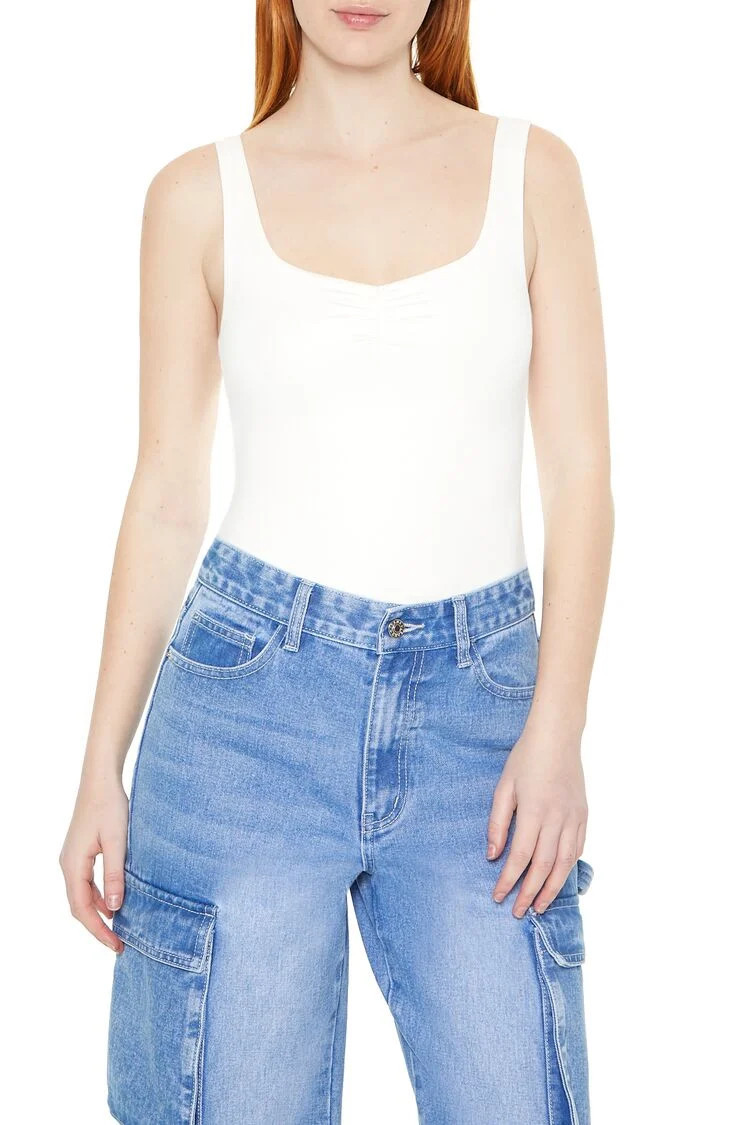 Women's Ruched Tank Bodysuit in White Medium | Forever 21