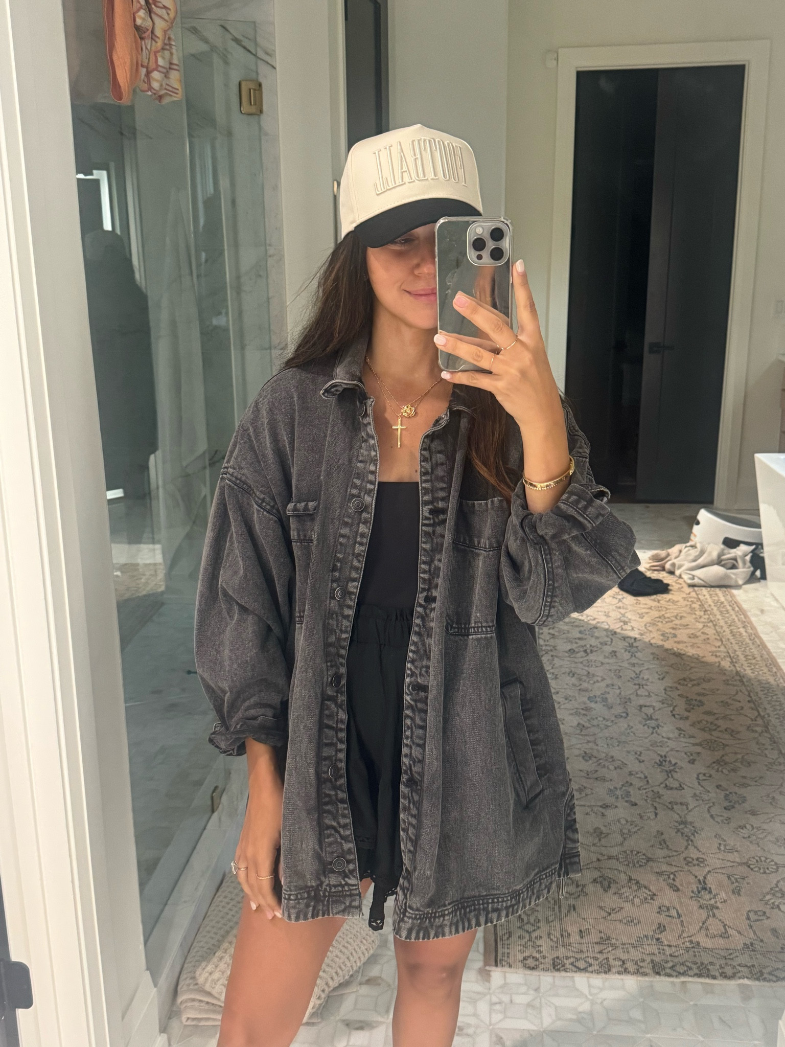 I have this jacket in the denim color as well! It’s sold out in the black denim but I linked similar below!

Jacket: medium 
Top: medium
Skirt: medium