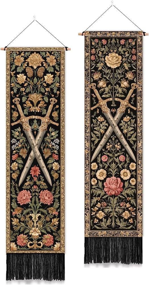 PLIGREAT 2 Pack Vintage Sword Flower Wall Tapestry Retro Vertical Wall Hanging with Tassels Decor... | Amazon (US)