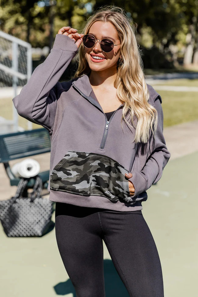 Making It Look Easy Camo Ribbed Shoulder Quarter Zip Pullover DOORBUSTER | Pink Lily