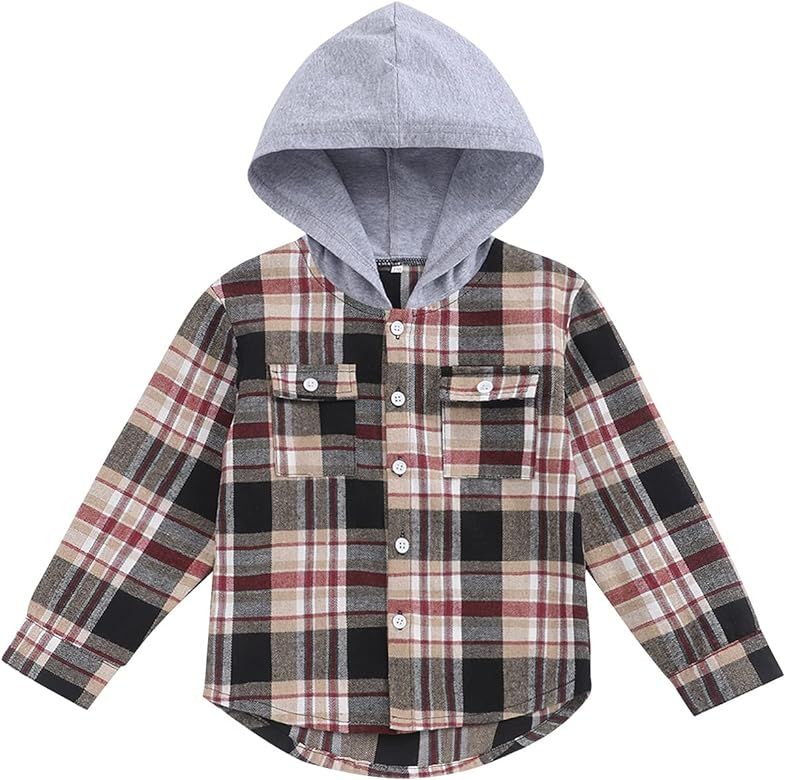 Toddler Baby Boy Girls Outfits Plaid Flannel Hooded Long Sleeve T-Shirt Tops Kid Clothes | Amazon (US)