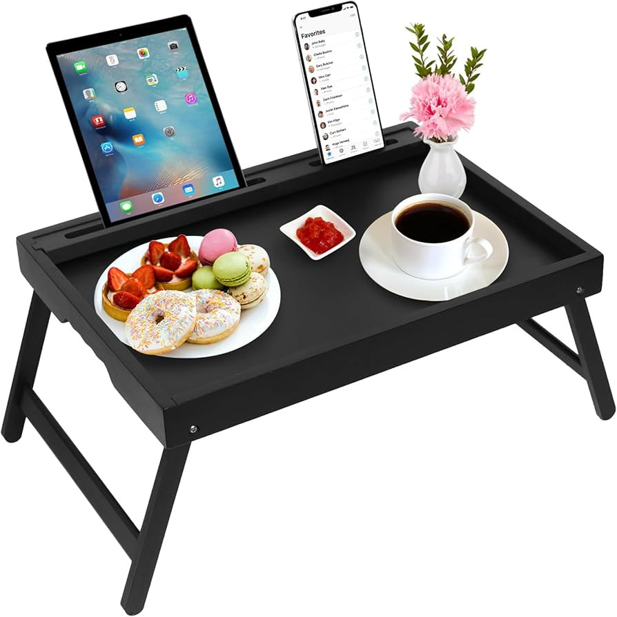 Bed Tray Table with Handles Folding Legs,Bamboo Breakfast Food Tray with Media Slot,Use As Platte... | Amazon (US)
