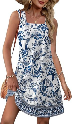 OFEEFAN Womens Square Neck Tank Dresses 2025 Summer Spring Loose Swing Sundresses with Pockets Pl... | Amazon (US)