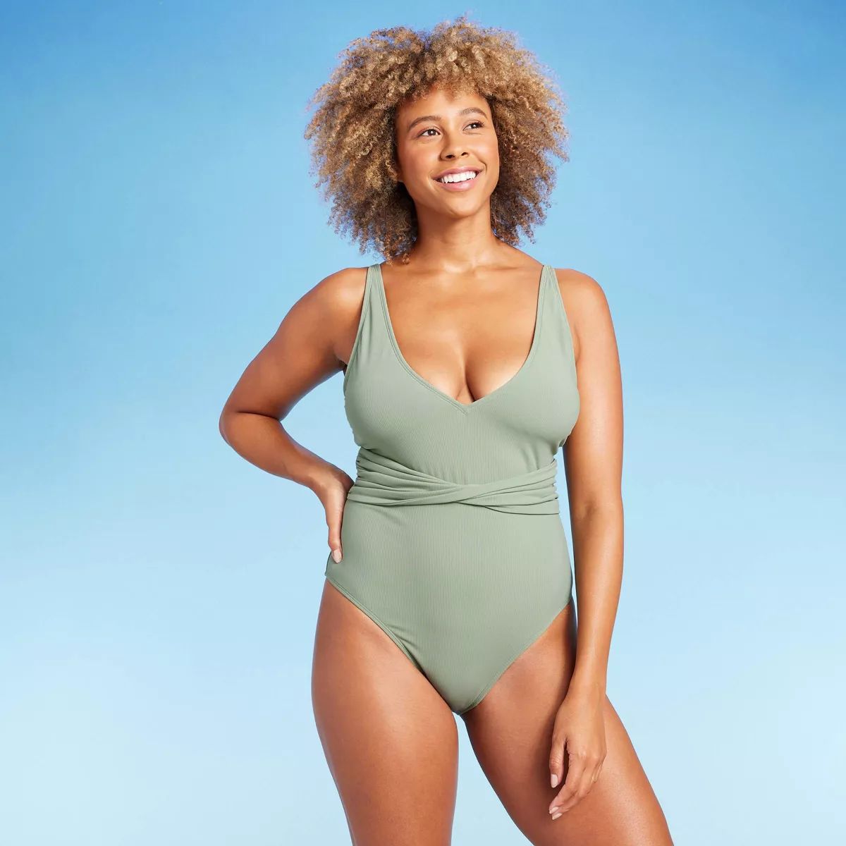 Women's Ribbed Plunge Twist-Front One Piece Swimsuit - Shade & Shore™ Green XL | Target