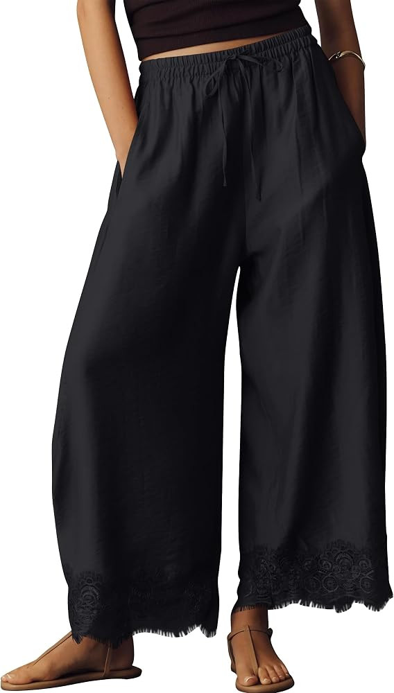 Ziesexy Womens Lace Trim Wide Leg Pants 2026 Summer Cropped Lace-Hem Pants Casual Outfits with Po... | Amazon (US)