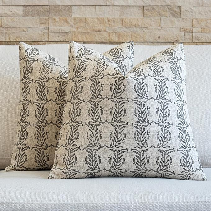 Floral Throw Pillow Covers 20x20 Set of 2 Block Print Cushion Covers Farmhouse Neutral Accent Dec... | Amazon (US)