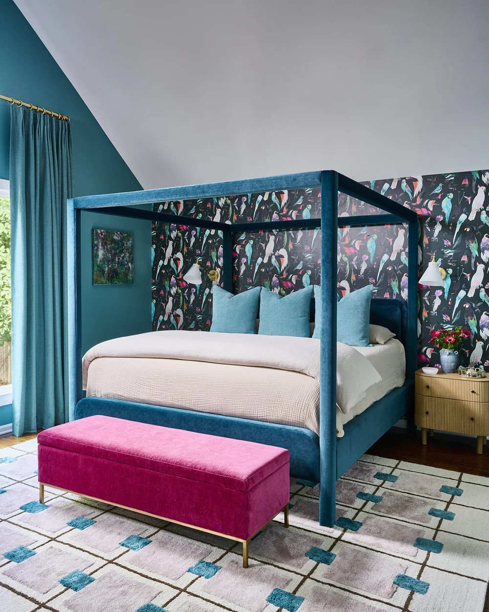 Shop This Room ✨ | Project Birds of Paradise
This primary bedroom was designed to feel joyful, layered, and deeply personal. Saturated teal walls, playful bird wallpaper, and soft textiles come together to create a space that feels bold yet grounding.

Every piece was selected with intention — balancing color, texture, and comfort so the room feels expressive without feeling overwhelming. From the canopy bed to the sculptural lighting and warm wood tones, this is a space meant to be lived in and loved.

Tap to shop the pieces that bring this room to life.

#ShopThisRoom #PrimaryBedroomDesign #LTKHome #ShopTheLook #ColorfulInteriors #BedroomInspiration #WallpaperBedroom #BlessedLittleBungalow #BLBStyle 

 #LTKHome