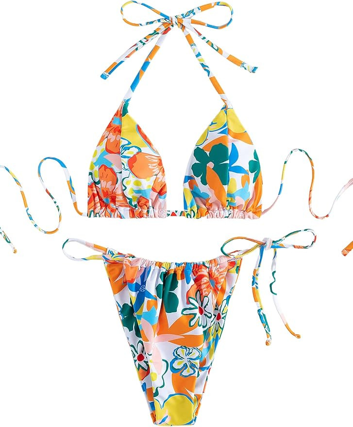 SOLY HUX Women's Sexy Bathing Suits Floral Print Triangle Tie Side Bikini 2 Piece Swimsuits | Amazon (US)