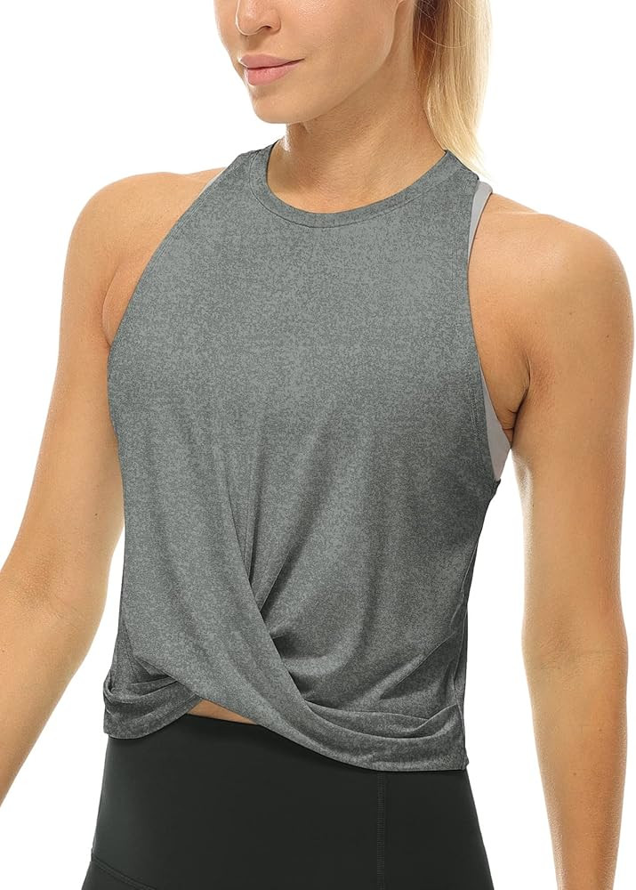 icyzone Racerback Workout Tank Tops for Women, High Neck Athletic Gym Running Yoga Crop Tops | Amazon (US)