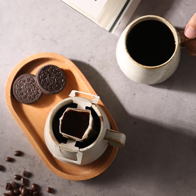 Retro Style Tea Cup With Wooden Saucer Set,Stoneware Ceramic Coffee Mug 12 Oz,Handmade Pottery Th... | Amazon (US)
