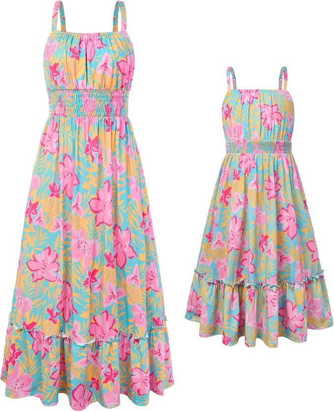 GRACE KARIN Mommy and Me Floral Smocked Dress,Spaghetti Strap Boho Dress,Summer Maxi Dress with P... | Amazon (US)