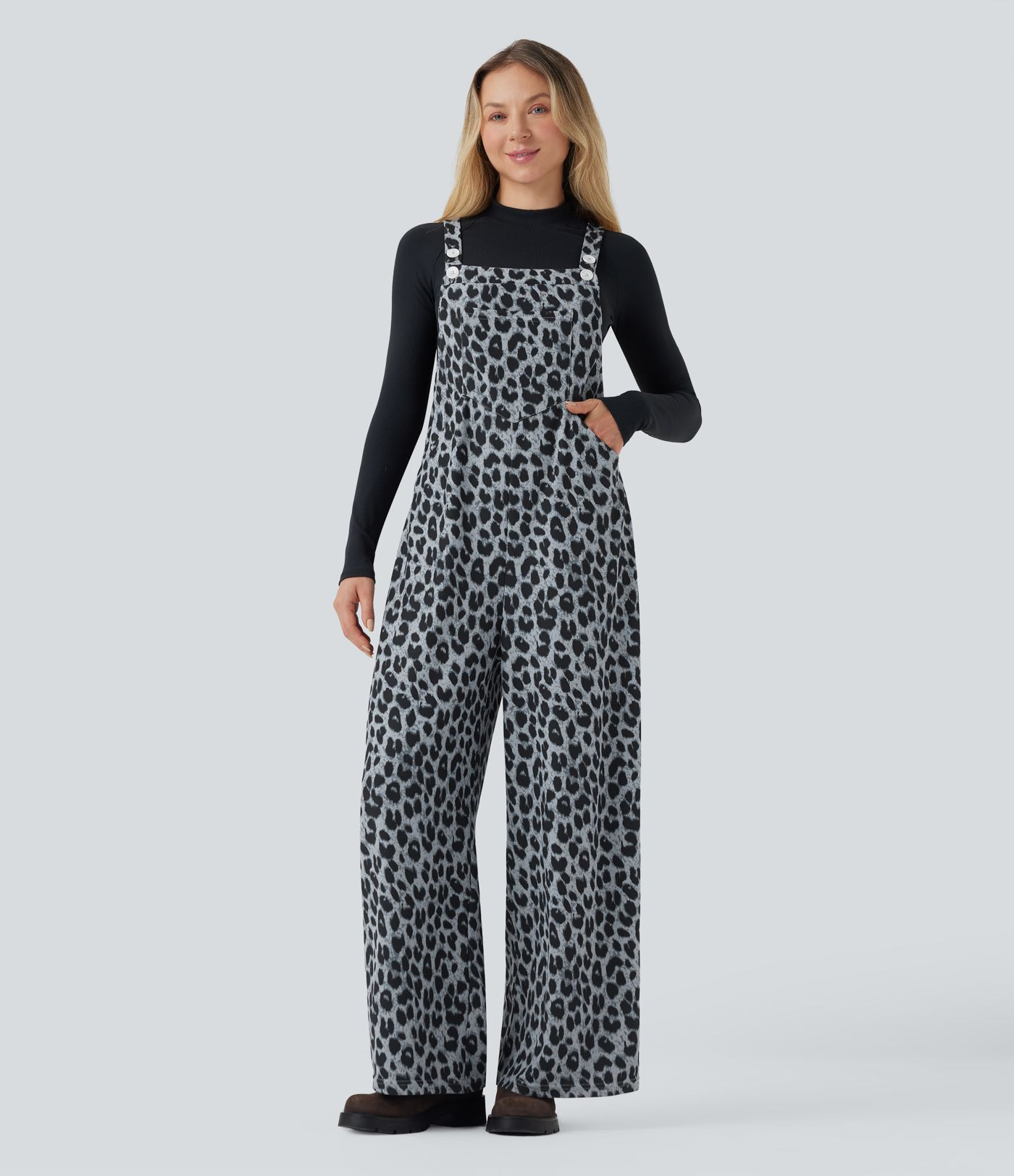 Leopard Print Waffle Casual Overalls with Pockets | HALARA
