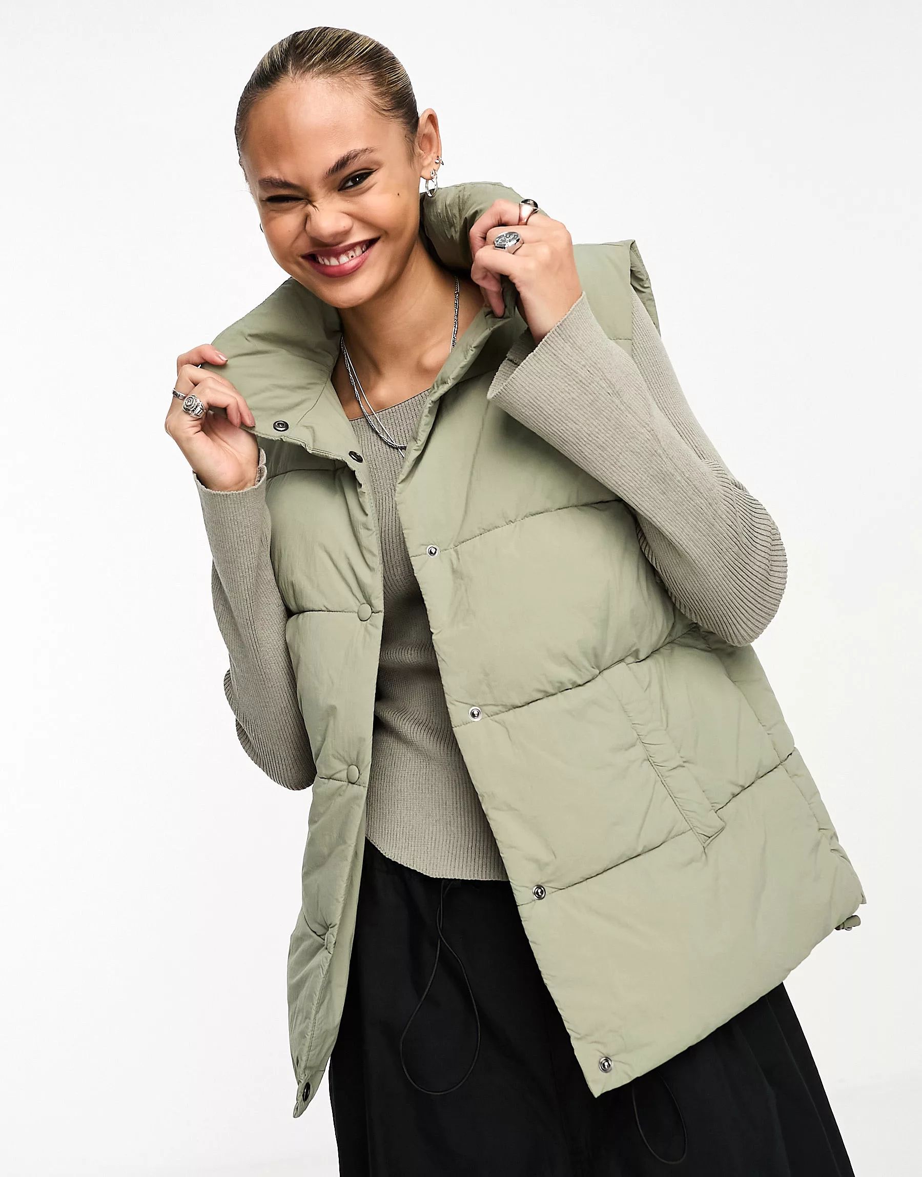 Cotton On button up mother puffer gillet jacket in khaki | ASOS (Global)