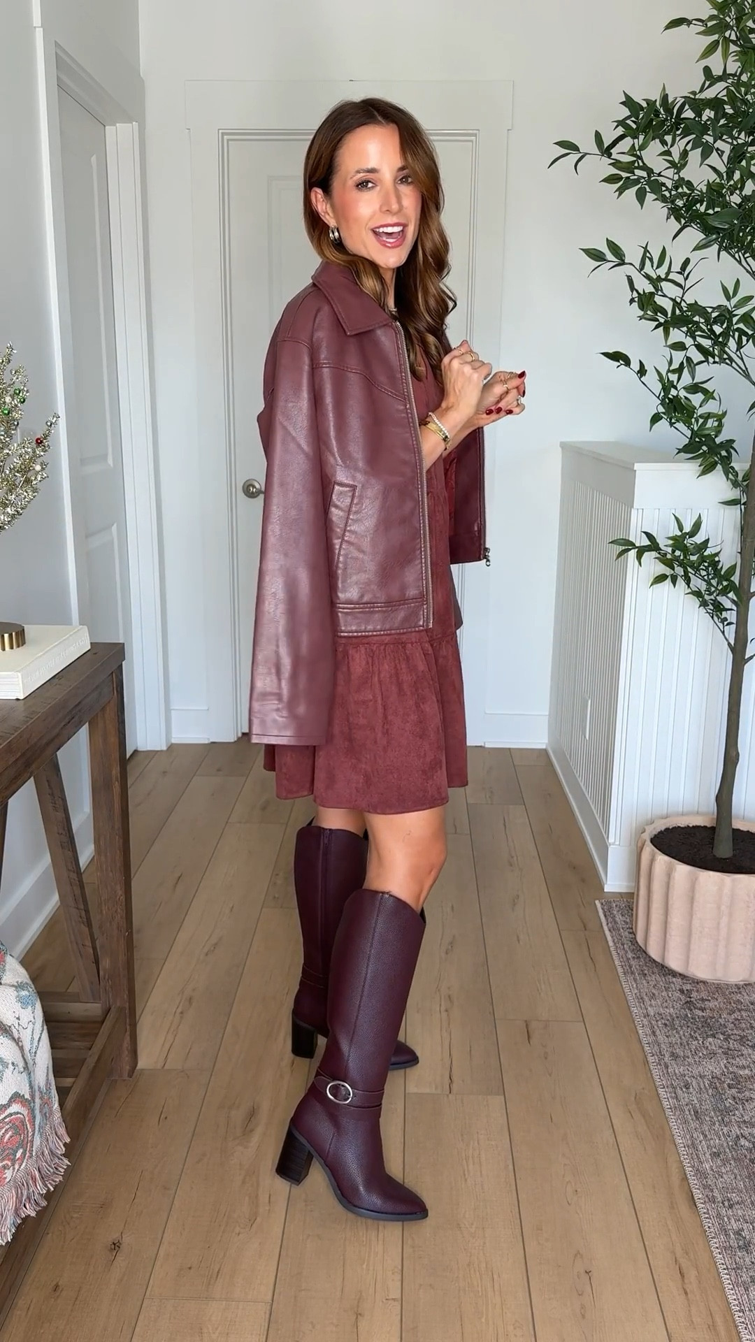 Target fall outfits. Target thanksgiving outfits. Friendsgiving outfits. Fall style. Suede dresses. Christmas outfits. Faux leather jacket. Wearing XS in each. Knee high boots are TTS. 

#LTKHoliday #LTKParties #LTKSeasonal