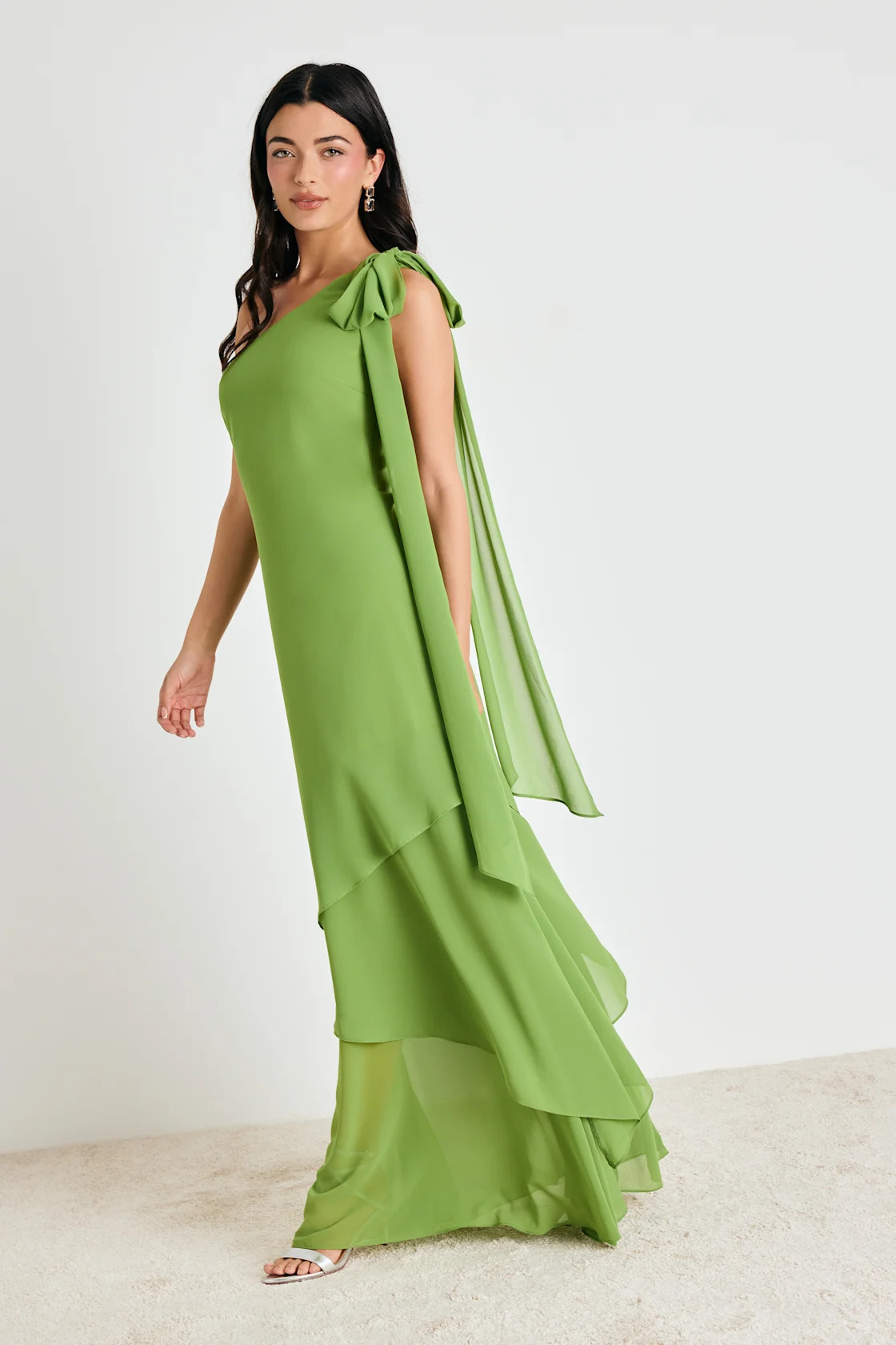 Camellia Bright Green One-Shoulder Bow Maxi Dress | Lulus