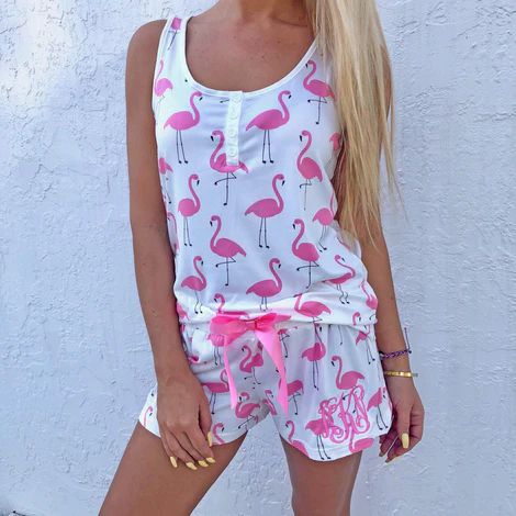 Monogram Flamingo Pajama Shorts Set | I Love Jewelry