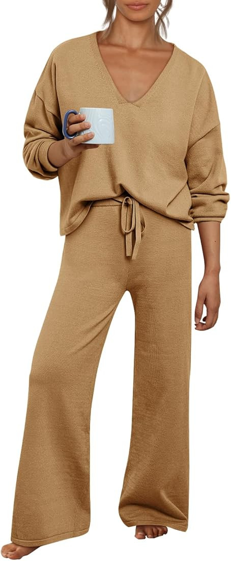 LILLUSORY Women'S Two Piece Outfits Knit sweater Long Sleeve Top Fall And Loose Wide Leg Pants Lo... | Amazon (US)