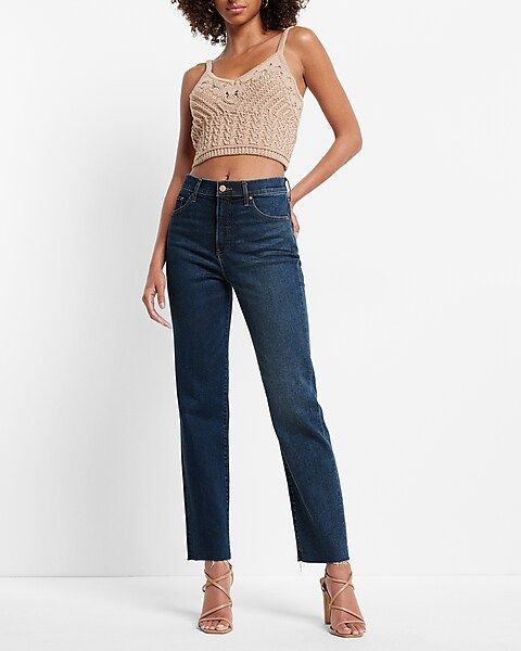 High Waisted Dark Wash Raw Hem Straight Jeans | Express