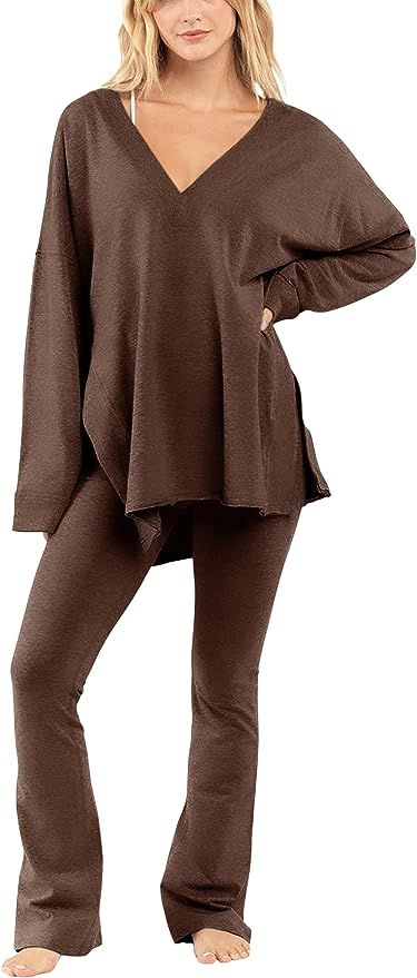 VATEAMI Workout Sets for Women 2 Piece Outfits Oversized V Neck Reversible Long Sleeve Tops Flare... | Amazon (US)
