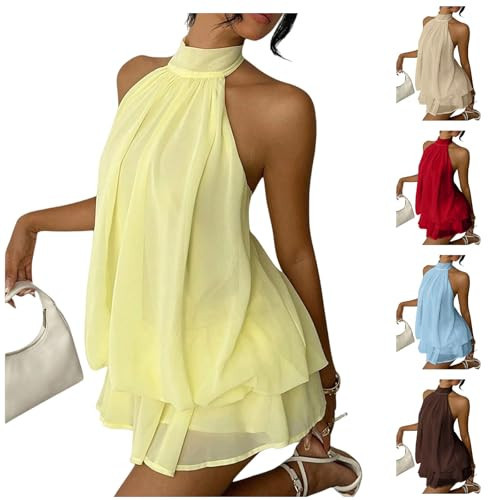 Wabkderpu Women's Halter Dress Chiffon Drop Waist Wedding Guest Dresses Ruffle Sleeveless Backless Mini Dress Brunch Outfits Yellow | Amazon (US)
