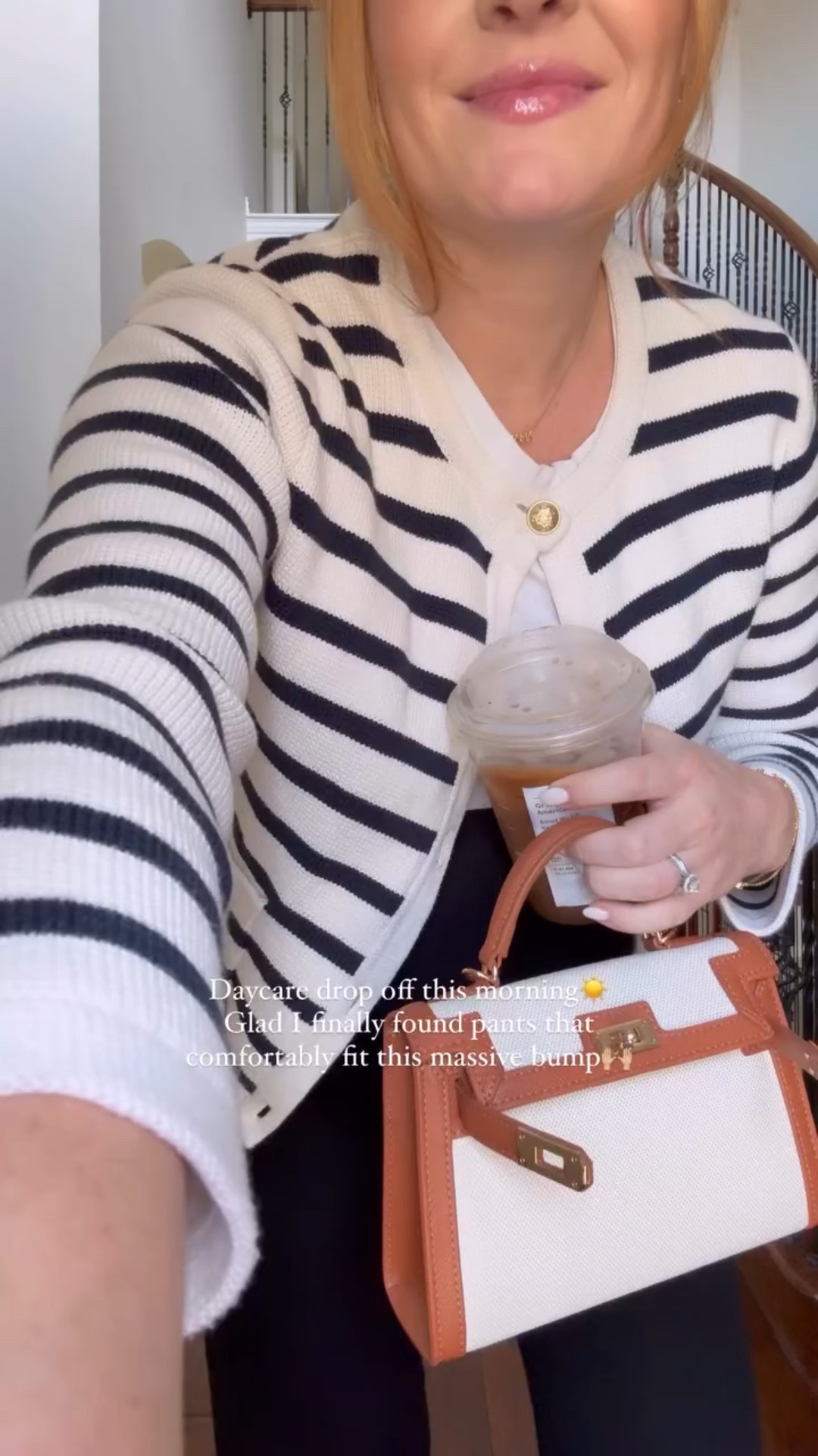 Daycare drop off this morning☀️ Glad I finally found pants that comfortably fit this massive bump🙌🏼 I got a medium in the pants 