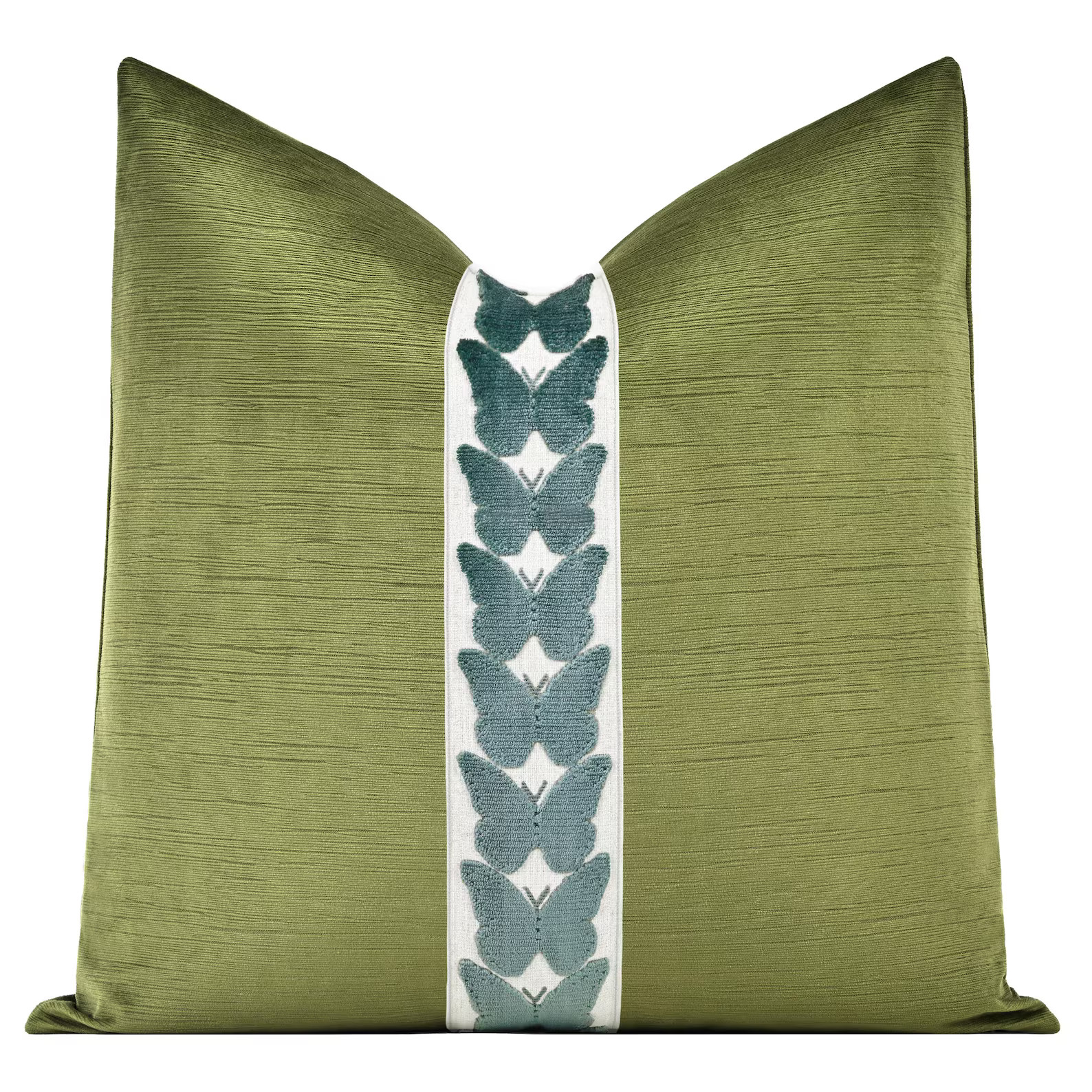 Striated Velvet Pillow Cover with Butterfly Trim | Olive Green Velvet Throw Pillow Cover with Aqu... | Etsy (US)
