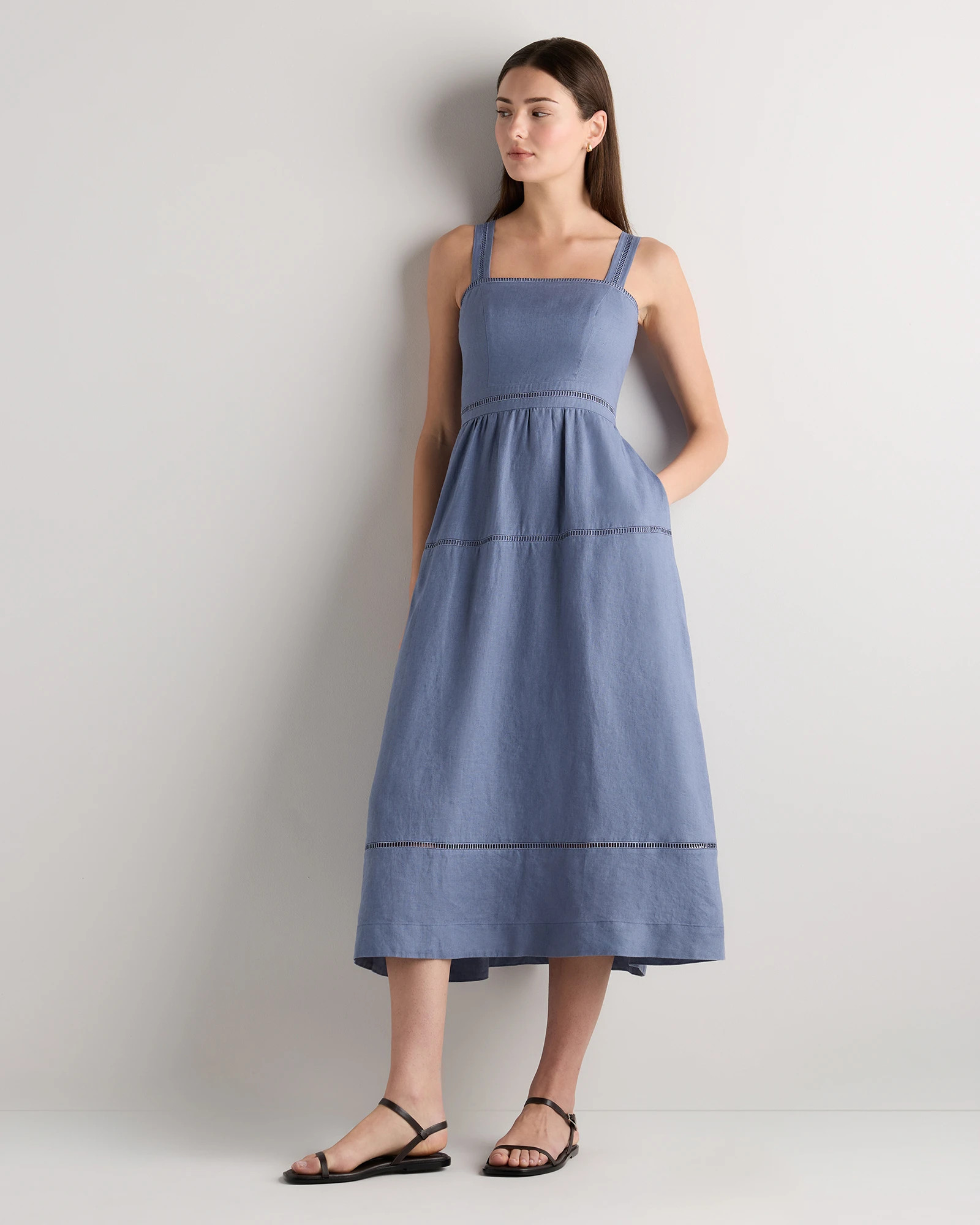 100% European Linen Ladder Stitch Midi Dress in Moonstone Blue | Quince