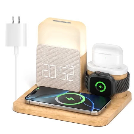 Wireless Charging Station 7 in 1 Compatible for iPhone Pro Max/Smartphones & Apple Watch & AirPods with Alarm Clock, Night Light Wood | Walmart (US)